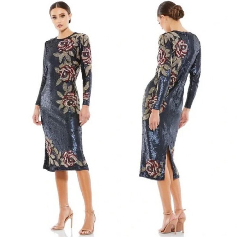 Mac Duggal Midnight Blue Sequined Floral Long Sleeve Midi Dress